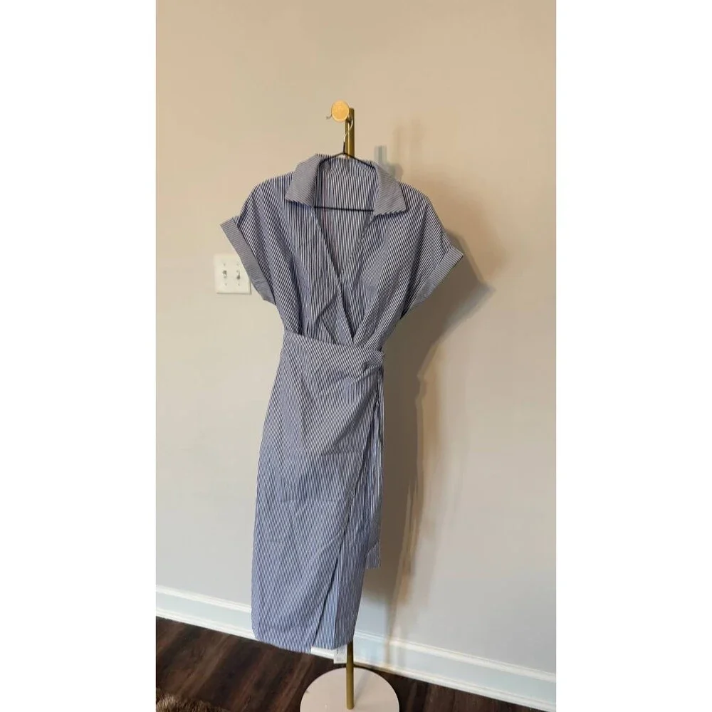 Cupshe Blue Pin‑Stripe Collared Wrap Midi Dress Size S NWT Summer msrp$50.99 - Picture 7 of 9